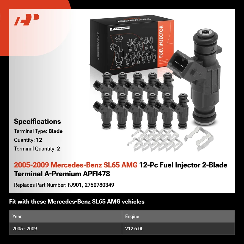 2005-2009 Mercedes-Benz SL65 AMG 12-Pc Fuel Injector 2-Blade Terminal A-Premium APFI478