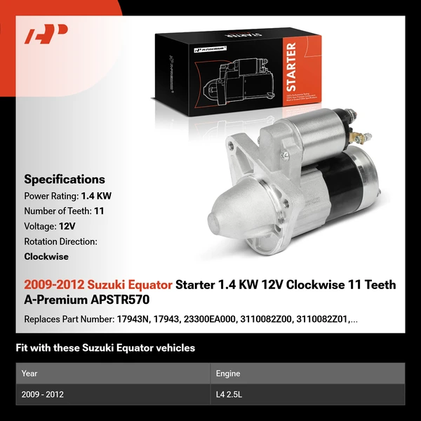 2009-2012 Suzuki Equator Starter 1.4 KW 12V Clockwise 11 Teeth A-Premium APSTR570
