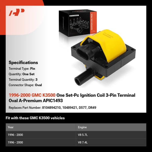 1996-2000 GMC K3500 One Set-Pc Ignition Coil 3-Pin Terminal Oval A-Premium APIC1493