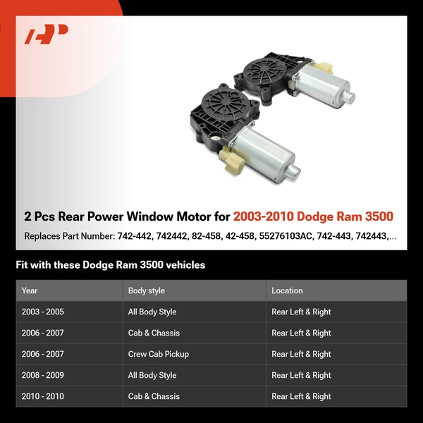 2 Pcs Rear Power Window Motor for 2003-2010 Dodge Ram 3500