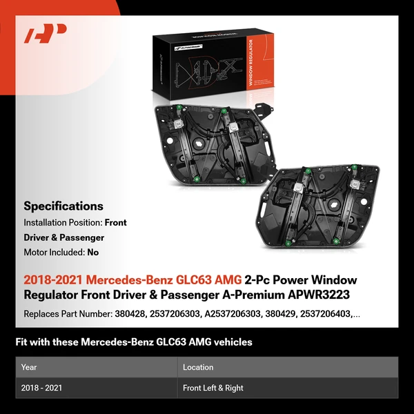 2018-2021 Mercedes-Benz GLC63 AMG 2-Pc Power Window Regulator Front Driver & Passenger A-Premium APWR3223