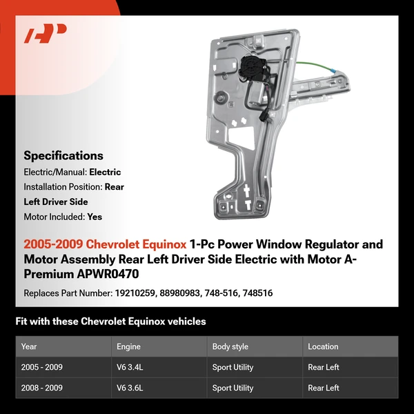 2005-2009 Chevrolet Equinox 1-Pc Power Window Regulator and Motor Assembly Rear Left Driver Side Electric with Motor A-Premium APWR0470