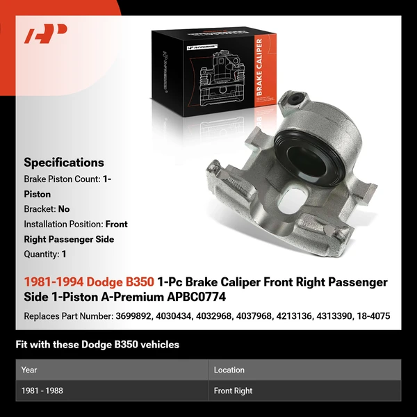 1981-1994 Dodge B350 1-Pc Brake Caliper Front Right Passenger Side 1-Piston A-Premium APBC0774