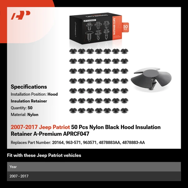 2007-2017 Jeep Patriot 50 Pcs Nylon Black Hood Insulation Retainer A-Premium APRCF047