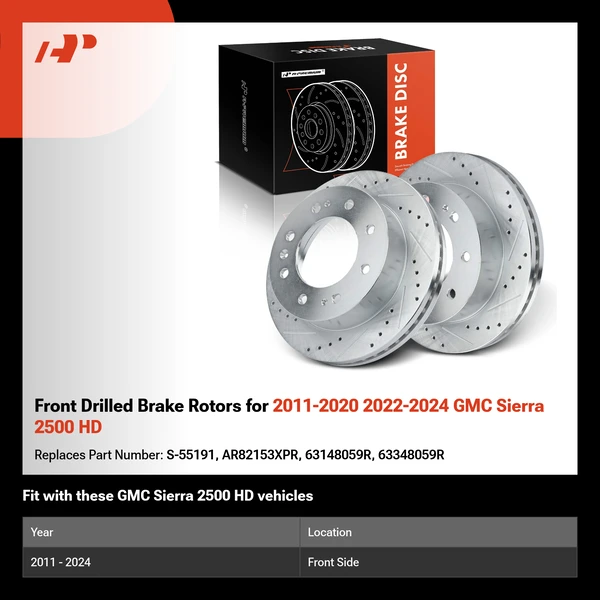 Front Drilled Brake Rotors for 2011-2020 2022-2024 GMC Sierra 2500 HD