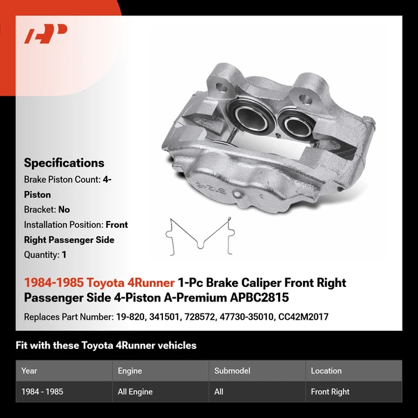 1984-1985 Toyota 4Runner 1-Pc Brake Caliper Front Right Passenger Side 4-Piston A-Premium APBC2815