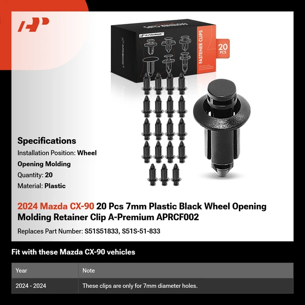 2024 Mazda CX-90 20 Pcs 7mm Plastic Black Wheel Opening Molding Retainer Clip A-Premium APRCF002