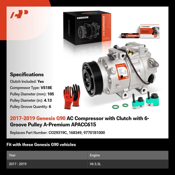 2017-2019 Genesis G90 AC Compressor with Clutch with 6-Groove Pulley A-Premium APACC615