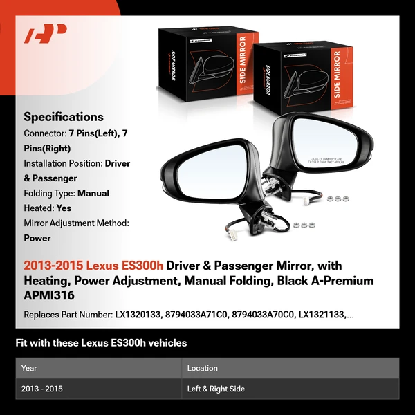 2013-2015 Lexus ES300h Driver & Passenger Mirror, with Heating, Power Adjustment, Manual Folding, Black A-Premium APMI316