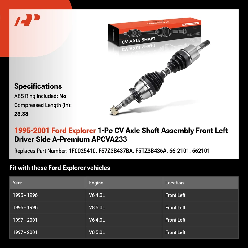 1995-2001 Ford Explorer 1-Pc CV Axle Shaft Assembly Front Left Driver Side A-Premium APCVA233