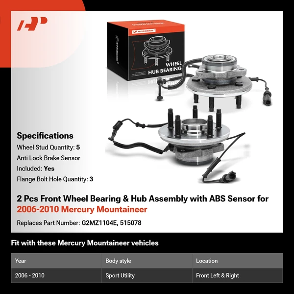 2 Pcs Front Wheel Bearing & Hub Assembly with ABS Sensor for 2006-2010 Mercury Mountaineer