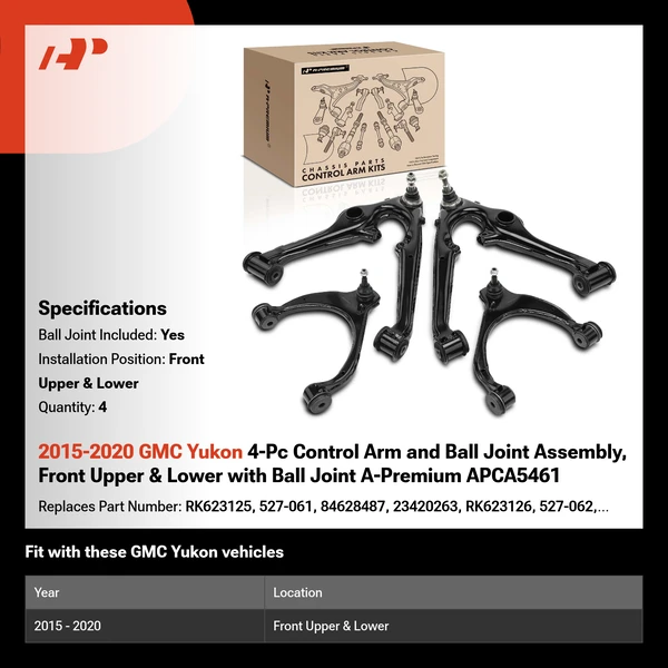 2015-2020 GMC Yukon 4-Pc Control Arm and Ball Joint Assembly, Front Upper & Lower with Ball Joint A-Premium APCA5461