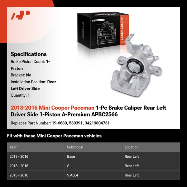 2013-2016 Mini Cooper Paceman 1-Pc Brake Caliper Rear Left Driver Side 1-Piston A-Premium APBC2566