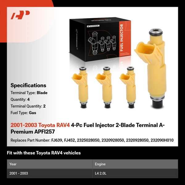 2001-2003 Toyota RAV4 4-Pc Fuel Injector 2-Blade Terminal A-Premium APFI257