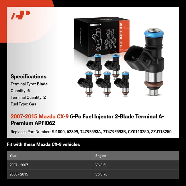 2007-2015 Mazda CX-9 6-Pc Fuel Injector 2-Blade Terminal A-Premium APFI062