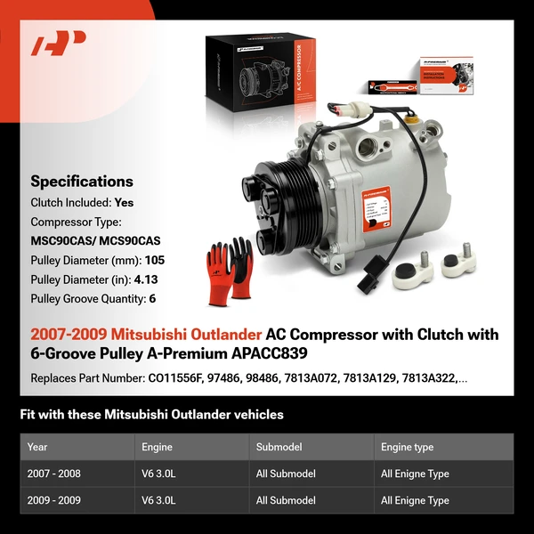 2007-2009 Mitsubishi Outlander AC Compressor with Clutch with 6-Groove Pulley A-Premium APACC839