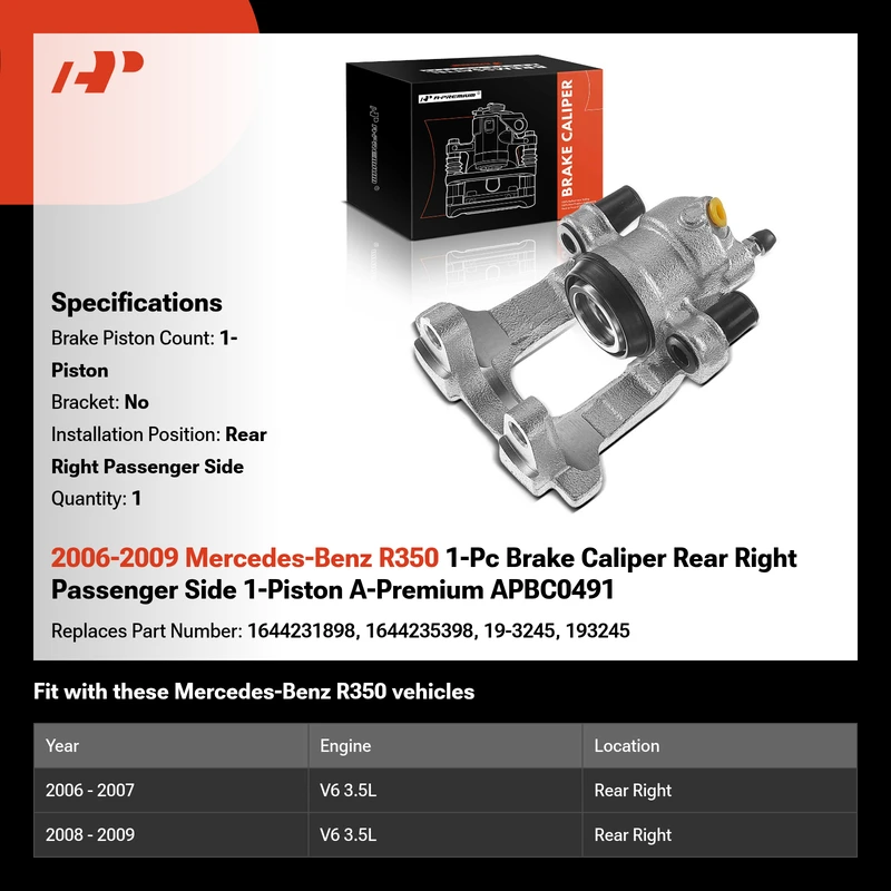2006-2009 Mercedes-Benz R350 1-Pc Brake Caliper Rear Right Passenger Side 1-Piston A-Premium APBC0491