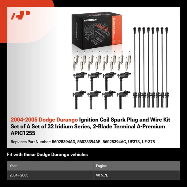 2004-2005 Dodge Durango Ignition Coil Spark Plug and Wire Kit Set of A Set of 32 Iridium Series, 2-Blade Terminal A-Premium APIC1255