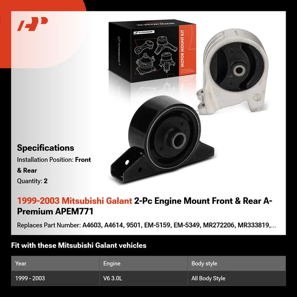 1999-2003 Mitsubishi Galant 2-Pc Engine Mount Front & Rear A-Premium APEM771