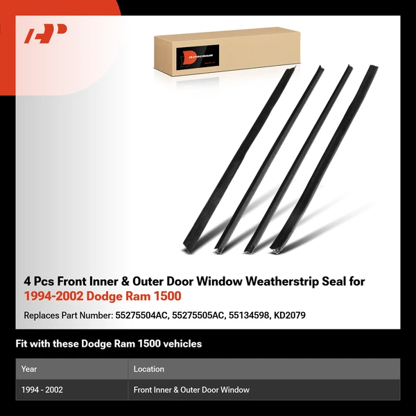 4 Pcs Front Inner & Outer Door Window Weatherstrip Seal for 1994-2002 Dodge Ram 1500