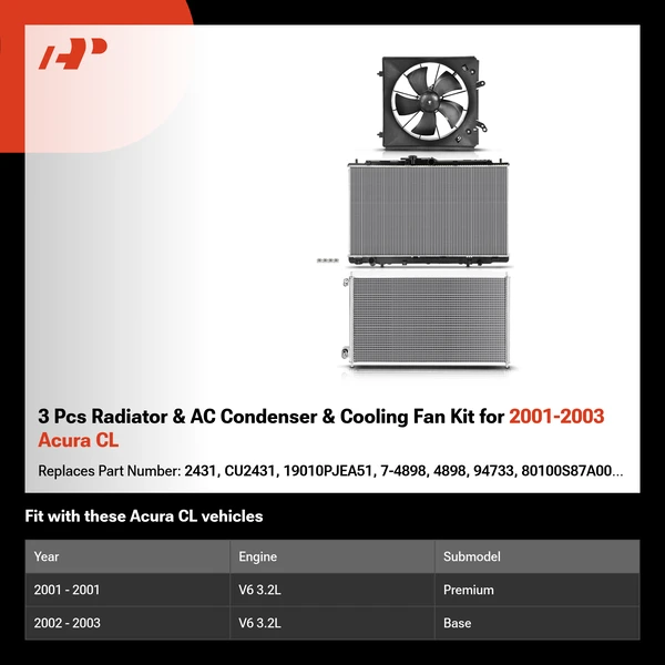 3 Pcs Radiator & AC Condenser & Cooling Fan Kit for 2001-2003 Acura CL