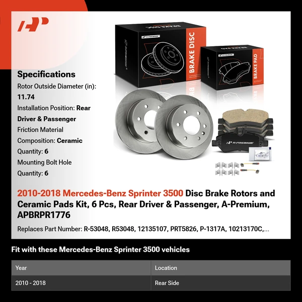 2010-2018 Mercedes-Benz Sprinter 3500 Disc Brake Rotors and Ceramic Pads Kit, 6 Pcs, Rear Driver & Passenger, A-Premium, APBRPR1776