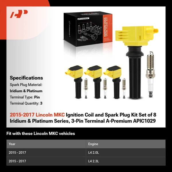 2015-2017 Lincoln MKC Ignition Coil and Spark Plug Kit Set of 8 Iridium & Platinum Series, 3-Pin Terminal A-Premium APIC1029