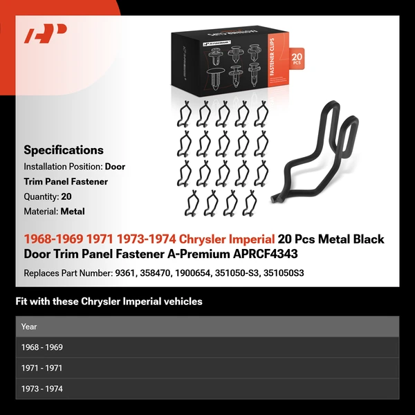 1968-1969 1971 1973-1974 Chrysler Imperial 20 Pcs Metal Black Door Trim Panel Fastener A-Premium APRCF4343