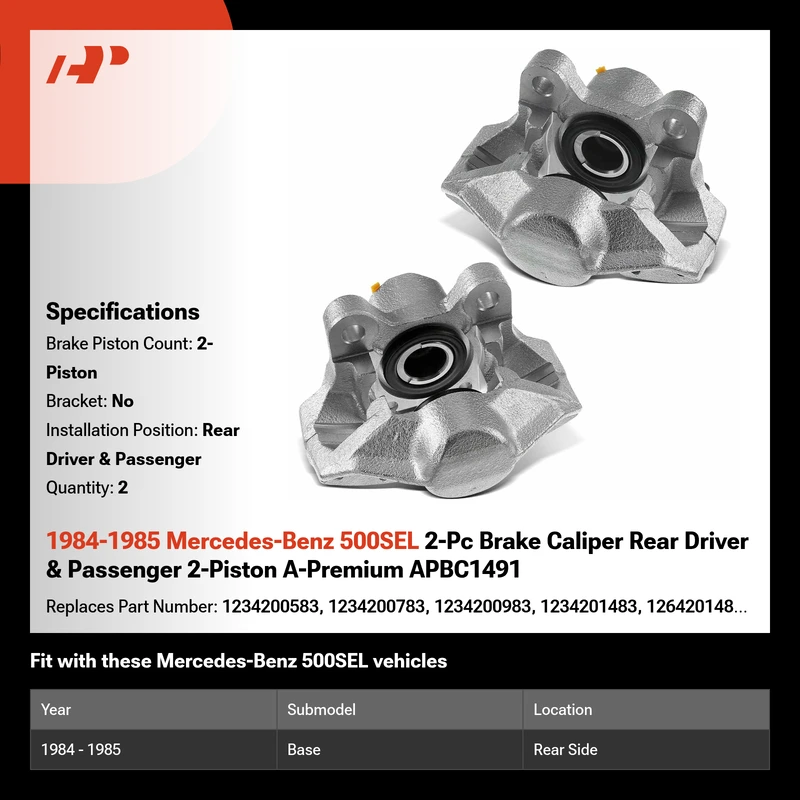 1984-1985 Mercedes-Benz 500SEL 2-Pc Brake Caliper Rear Driver & Passenger 2-Piston A-Premium APBC1491
