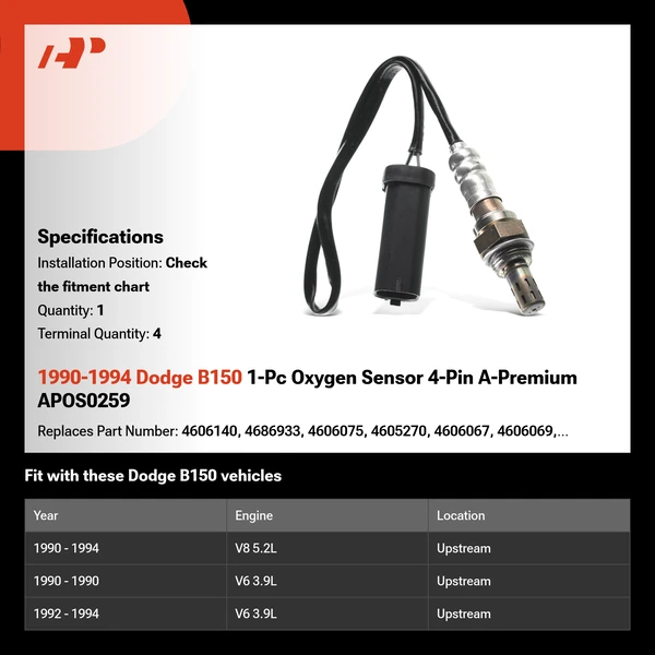 1990-1994 Dodge B150 1-Pc Oxygen Sensor 4-Pin A-Premium APOS0259