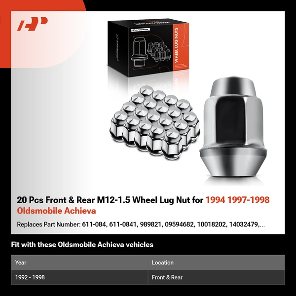 20 Pcs Front & Rear M12-1.5 Wheel Lug Nut for 1994 1997-1998 Oldsmobile Achieva