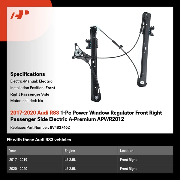 2017-2020 Audi RS3 1-Pc Power Window Regulator Front Right Passenger Side Electric A-Premium APWR2012