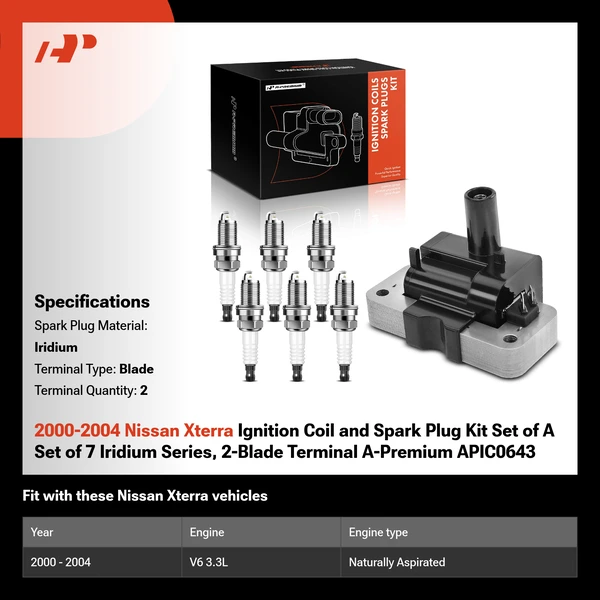 2000-2004 Nissan Xterra Ignition Coil and Spark Plug Kit Set of A Set of 7 Iridium Series, 2-Blade Terminal A-Premium APIC0643