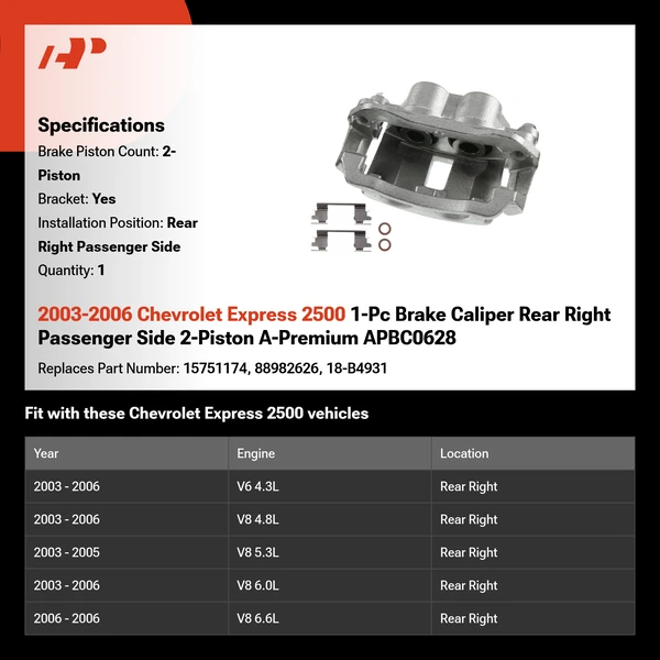 2003-2006 Chevrolet Express 2500 1-Pc Brake Caliper Rear Right Passenger Side 2-Piston A-Premium APBC0628