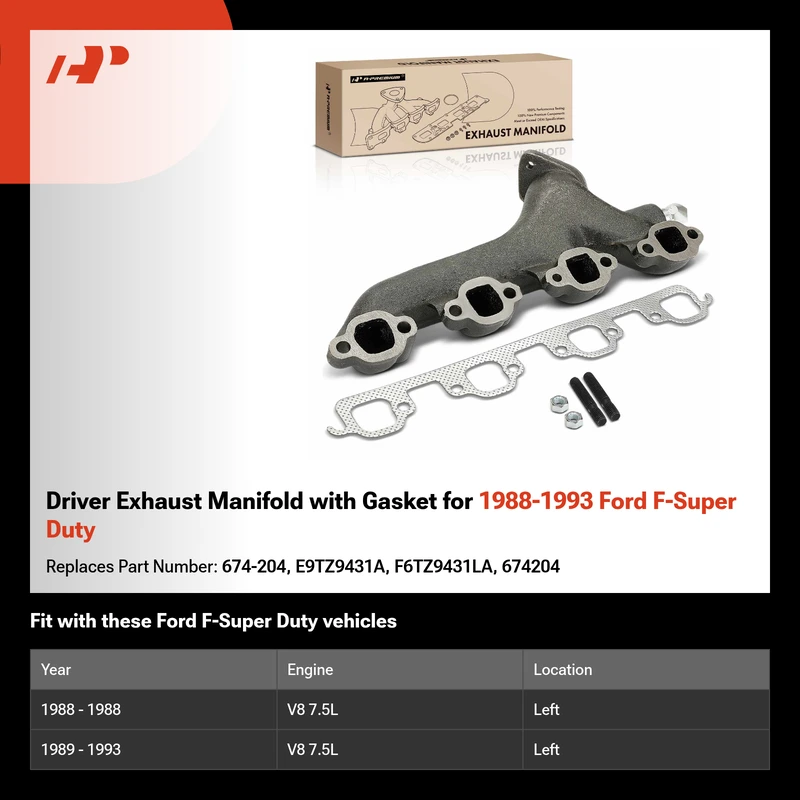 Driver Exhaust Manifold with Gasket for 1988-1993 Ford F-Super Duty