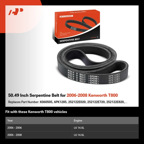 50.49 Inch Serpentine Belt for 2006-2008 Kenworth T800