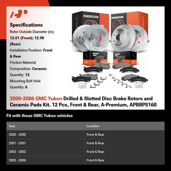 2000-2006 GMC Yukon Drilled & Slotted Disc Brake Rotors and Ceramic Pads Kit, 12 Pcs, Front & Rear, A-Premium, APBRPS160