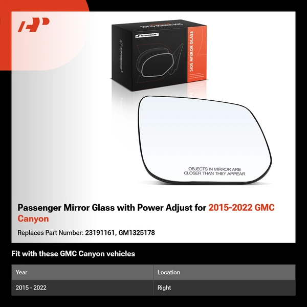 Passenger Mirror Glass with Power Adjust for 2015-2022 GMC Canyon