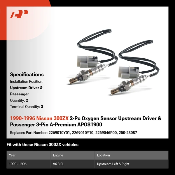 1990-1996 Nissan 300ZX 2-Pc Oxygen Sensor Upstream Driver & Passenger 3-Pin A-Premium APOS1900