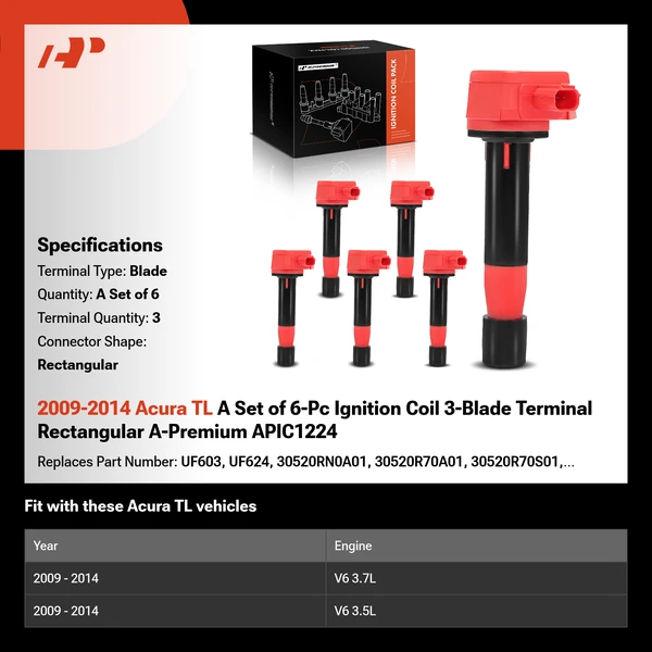 2009-2014 Acura TL A Set of 6-Pc Ignition Coil 3-Blade Terminal Rectangular A-Premium APIC1224