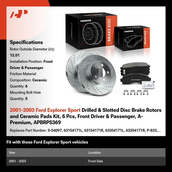2001-2003 Ford Explorer Sport Drilled & Slotted Disc Brake Rotors and Ceramic Pads Kit, 6 Pcs, Front Driver & Passenger, A-Premium, APBRPS369