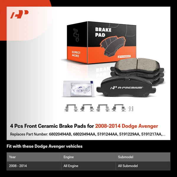 4 Pcs Front Ceramic Brake Pads for 2008-2014 Dodge Avenger