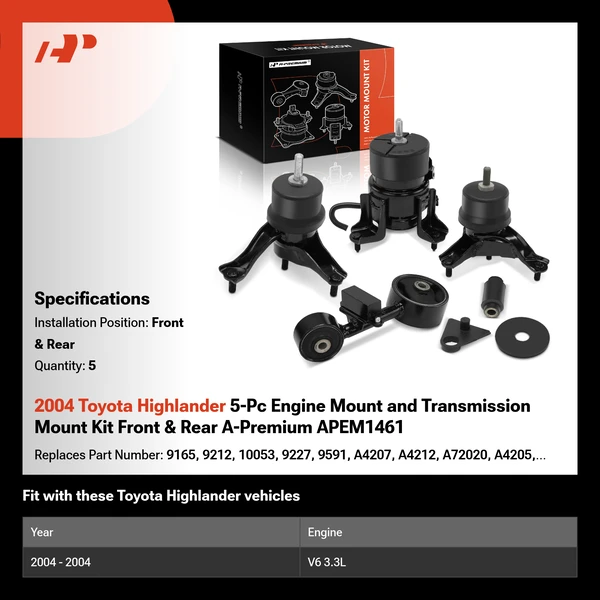2004 Toyota Highlander 5-Pc Engine Mount and Transmission Mount Kit Front & Rear A-Premium APEM1461