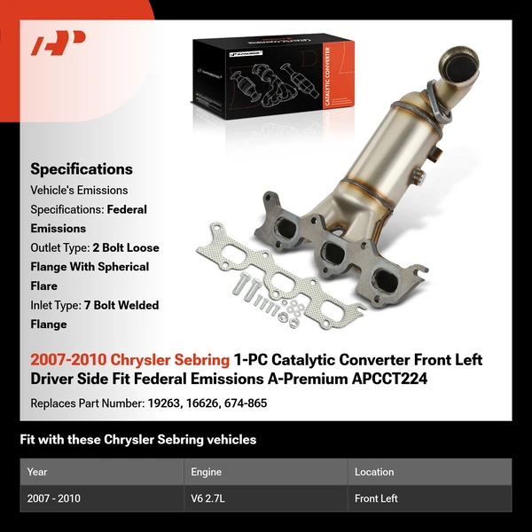 2007-2010 Chrysler Sebring 1-PC Catalytic Converter Front Left Driver Side Fit Federal Emissions A-Premium APCCT224