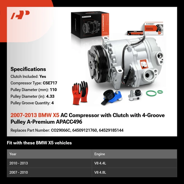2007-2013 BMW X5 AC Compressor with Clutch with 4-Groove Pulley A-Premium APACC496
