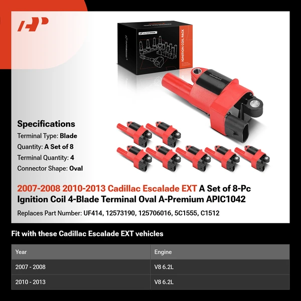 2007-2008 2010-2013 Cadillac Escalade EXT A Set of 8-Pc Ignition Coil 4-Blade Terminal Oval A-Premium APIC1042