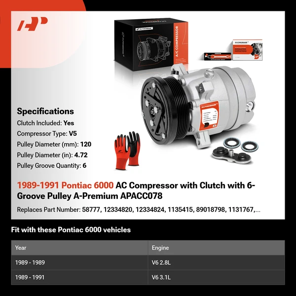 1989-1991 Pontiac 6000 AC Compressor with Clutch with 6-Groove Pulley A-Premium APACC078
