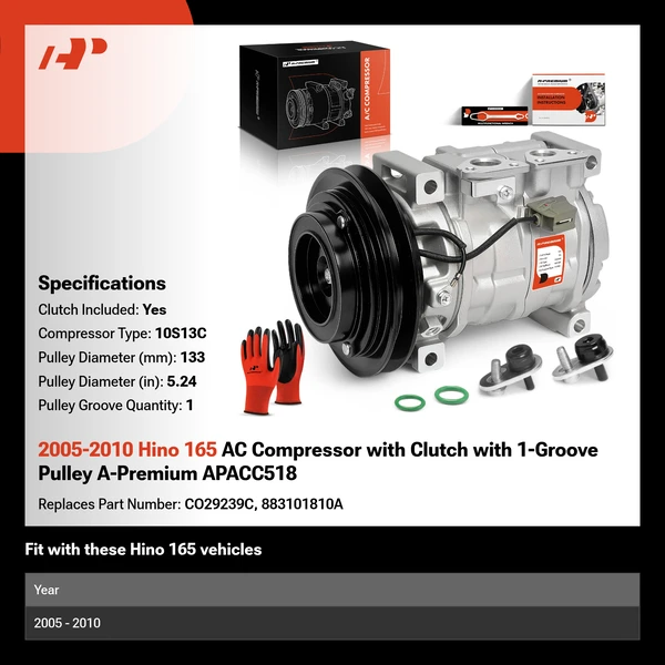 2005-2010 Hino 165 AC Compressor with Clutch with 1-Groove Pulley A-Premium APACC518