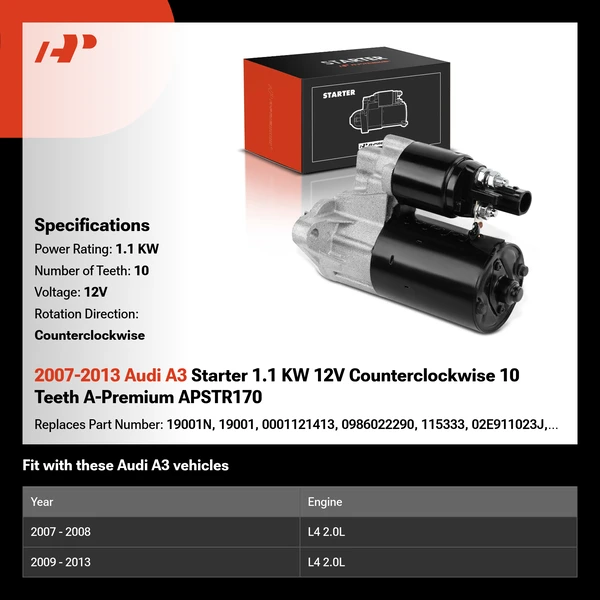 2007-2013 Audi A3 Starter 1.1 KW 12V Counterclockwise 10 Teeth A-Premium APSTR170