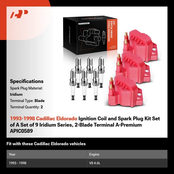 1993-1998 Cadillac Eldorado Ignition Coil and Spark Plug Kit Set of A Set of 9 Iridium Series, 2-Blade Terminal A-Premium APIC0589